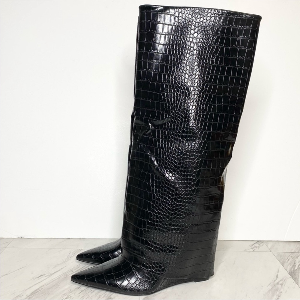 New! Steve Madden Paltrow Black Crocodile Fold Over Tall Boot 11M